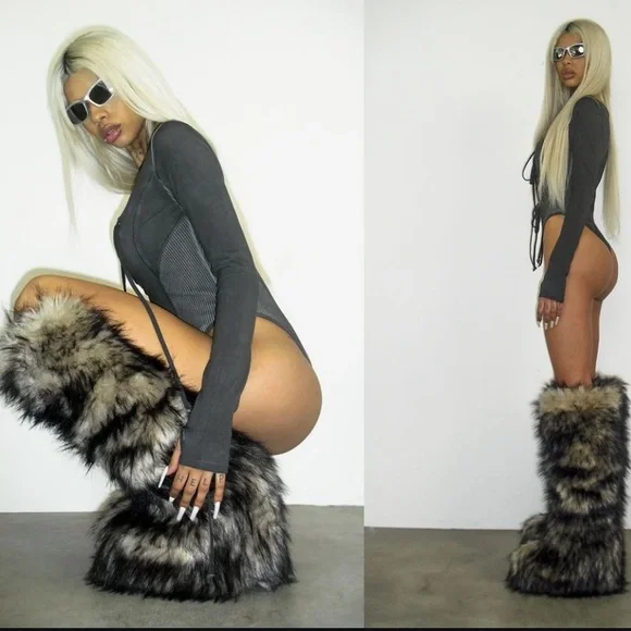 Natural grey thigh high over the knee fur boots size 6 - Picture 8 of 11